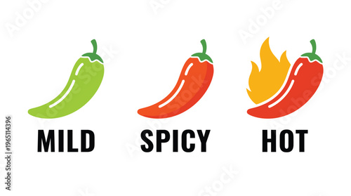 Spice level marks - mild, spicy and hot. Green and red chili pepper. Symbol of pepper with fire. Chili level icons set. Vector illustration isolated on white background.
