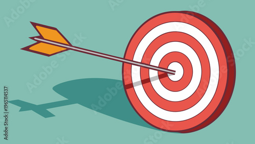 Red and white archery target with arrow hitting the bullseye, flat illustration
