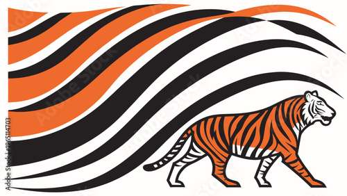 Tiger walking amidst abstract orange and black wavy stripes