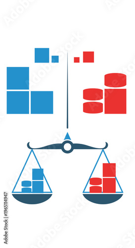 Balance scale with blue and red blocks representing opposing sides.