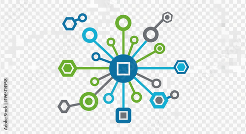 Abstract network of connected geometric shapes and lines.