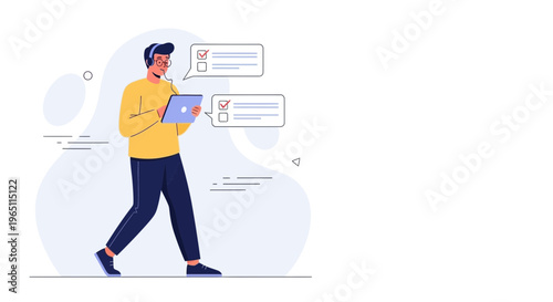 Man with headphones using tablet, checking tasks on checklist, online education, remote work concept
