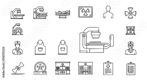 Minimal X-ray examination outline icon set with hospital room and medical diagnostic symbols