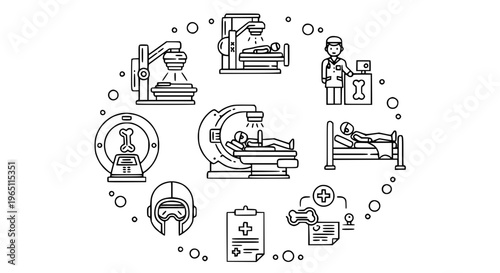 Modern X-ray and medical examination outline icons collection with hospital diagnostic symbols