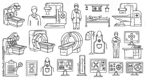 Detailed X-ray examination outline icon set with hospital medical imaging and diagnostic illustrations