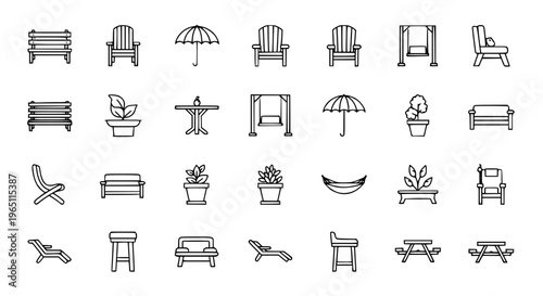 Minimal garden furniture outline icon set with patio seating and outdoor decor symbols