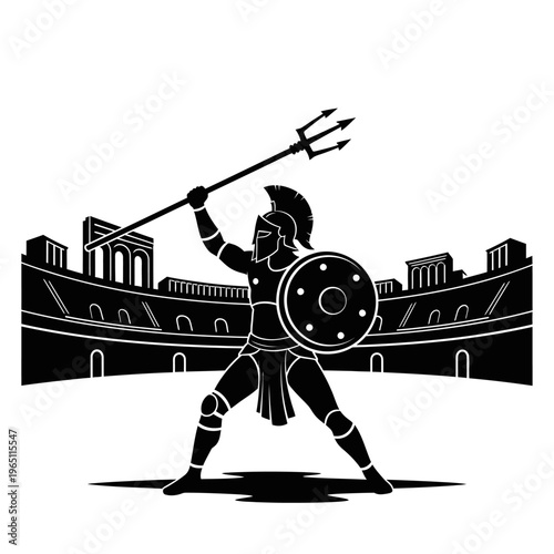 Action Silhouette of a Gladiator Fighting in an Arena with a Trident Ancient Rome