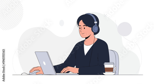 Young person with headphones working on laptop, coffee cup on desk, modern minimalist background