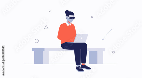 Person wearing VR headset using laptop on bench, futuristic technology concept