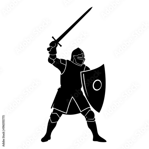 Historical Silhouette of a Medieval Knight Raising a Sword and Shield Combat Theme