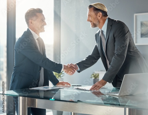 Business Handshake and Agreement Between Two Professional Men in Modern Office After Meeting