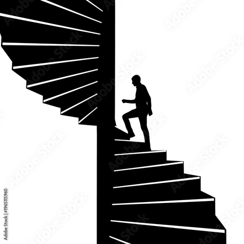 Architectural Silhouette of a Person Walking Up a Spiral Staircase Ascent Concept