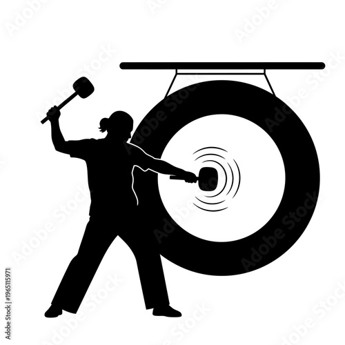 Cultural Silhouette of a Person Striking a Massive Oriental Gong Resonance Theme