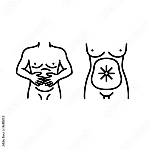 Human torso outline showing stomach discomfort and a stylized abdomen graphic with radiating lines, depicting internal pain and digestive issues