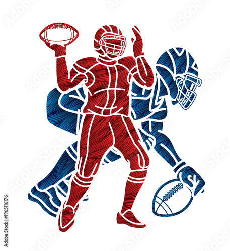 Silhouette American Football Team Mix Action Cartoon Sport Graphic Vector