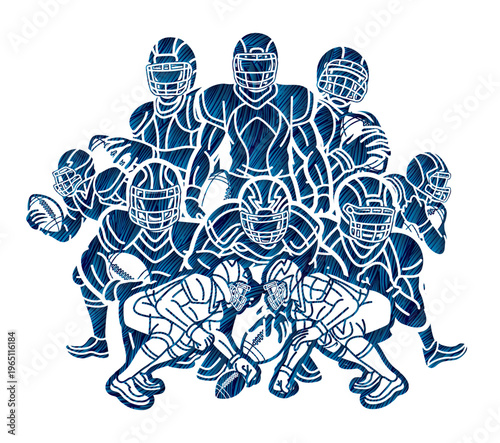 Group of American Football Team Mix Action Cartoon Sport Graphic Vector
