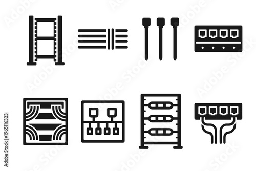 Rack Wiring Icons Set. Rack wiring management. Filled icon set of Rack wiring management: vertical rack,