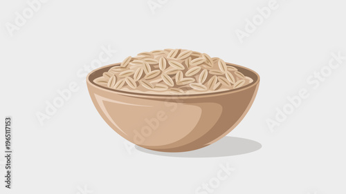 A brown bowl filled with a generous serving of uncooked brown rice on a plain background