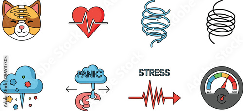 Stress, Panic, and Mental Health Icon Vector Set with Cat, Heartbeat, Spiral, Gauge, and Anxiety Symbols for Wellness, Psychology, and Digital Illustrations