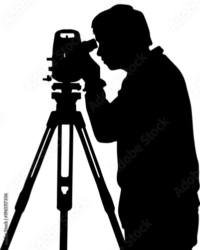 Black Silhouette of a Land Surveyor Using Professional Theodolite Surveying Equipment on a Tripod Isolated on White Background