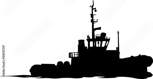 Black Silhouette of a Tugboat Vessel Isolated on White Background