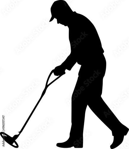 Silhouette of a man using a metal detector to search for hidden treasures vector illustration isolated on white background