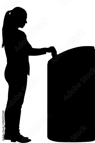 Silhouette of a woman using an automated kiosk or ATM machine vector illustration isolated on white background