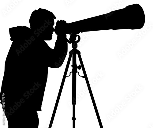 Silhouette of a man looking through a large telescope on a tripod for stargazing or scientific observation isolated on white background