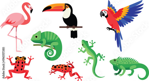 Tropical Exotic Birds and Colorful Reptiles Vector Set Featuring Flamingo, Toucan, Parrot, Chameleon, Geckos, Frogs, and Iguana for Wildlife, Nature, and Education Designs