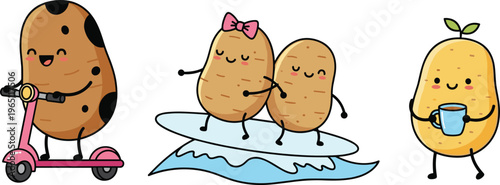 Playful Cartoon Potato Character Set Featuring Scootering, Surfing, and Drinking Coffee Vector Collection