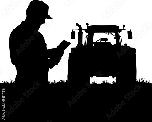 Silhouette of a farmer using a digital tablet next to a tractor in a field representing smart farming technology