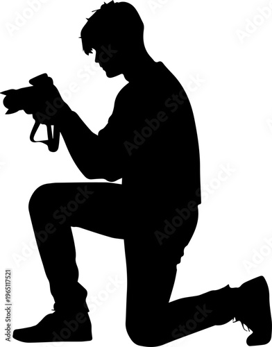Silhouette of a Professional Male Photographer Kneeling and Holding a DSLR Camera Vector Graphic Isolated on White Background