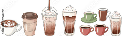Coffee Drink Illustration Set Featuring Hot, Iced, and Espresso Beverages in Various Mugs and Cups Vector Collection
