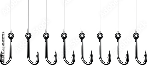 Fishing Hook Icons Set with Hanging Hooks for Fishing, Sport, and Outdoor Design