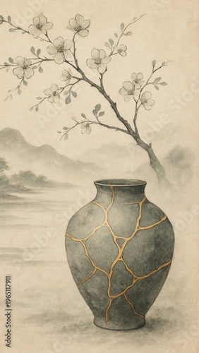 Kintsugi vase with blossoming branch.