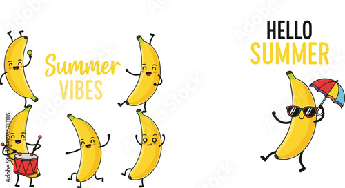 Summer Vibes Banana Character Illustration Set Featuring Dancing, Drumming, and Sunny Vacation Poses Vector Collection