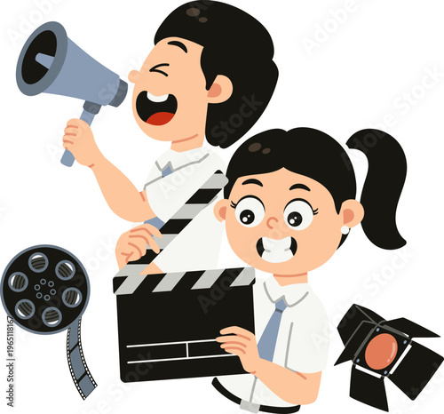 Clip Art Karakter Anak Belajar Pendidikan Sinematografi dengan Kamera Film