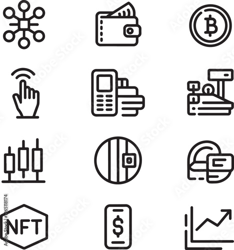 A set of technology icons depicting blockchain, Bitcoin, NFT, online banking, and various digital payment methods for modern finance
