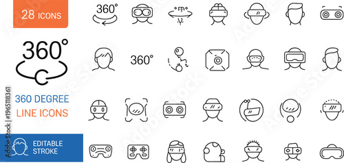 360 degree VR line icons set, virtual reality headset vector collection, immersive technology symbols, editable stroke, modern outline illustration pack
