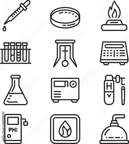 Illustration of laboratory equipment and tools used for scientific experiments and testing in a clean and organized workspace