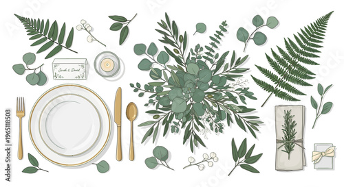 Elegant Wedding Table Setting with Eucalyptus and Ferns, Gold Cutlery, White Plates