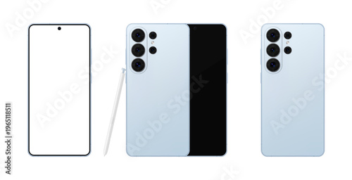Detailed blue mobile phone with stylus mockup. Front and rear view isolated on transparent background. Vector PNG