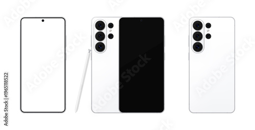 Detailed white mobile phone with stylus mockup. Front and rear view isolated on transparent background. Vector PNG
