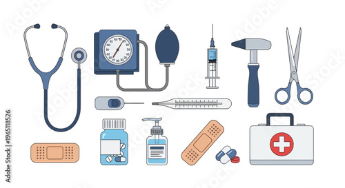 Medical Equipment Collection: Stethoscope, Syringe, Bandages, First Aid Kit, Thermometer
