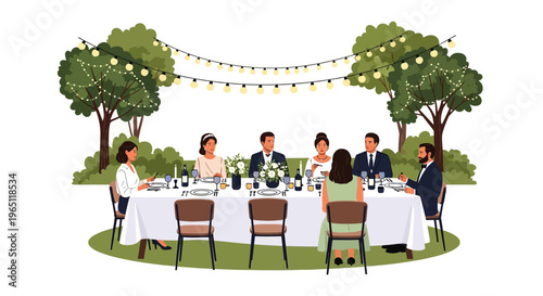 Outdoor Wedding Reception Dinner Party with Guests Seated at Decorated Table Under String Lights