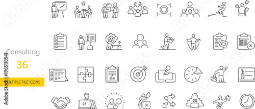 Consulting and business strategy icon set with teamwork, planning, targets, reports, leadership, communication and project management line icons collection