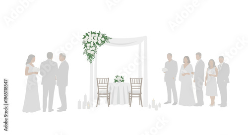 Wedding Ceremony Setup with Couple, Guests, and Arch