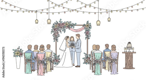 Hand-drawn wedding ceremony with floral arch, guests, and fairy lights