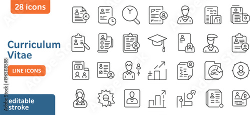 Curriculum vitae and resume line icon set with recruitment, hiring process, candidate profile, interview, HR management and career growth symbols