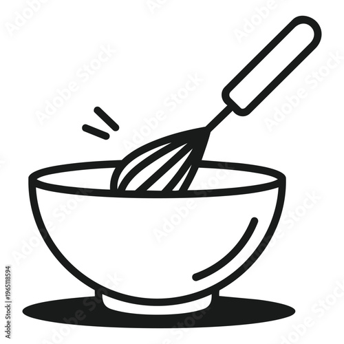 Mixing Bowl with Whisk: An illustrative image shows a simple black and white drawing of a mixing bowl with a whisk stirring inside, perfect for culinary and cooking projects.
